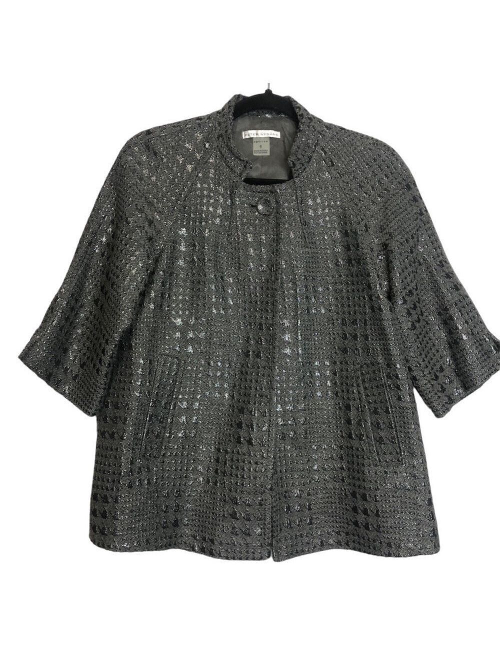 Peter Nygard Wool Metallic Houndstooth Jacquard Cape Jacket, size 6P